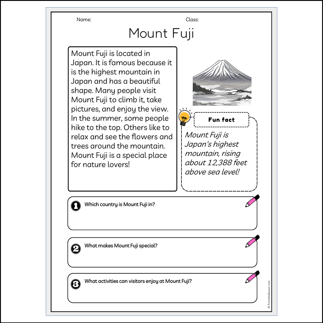 Mount Fuji | Reading Passage Comprehension Questions Writing Facts Worksheet