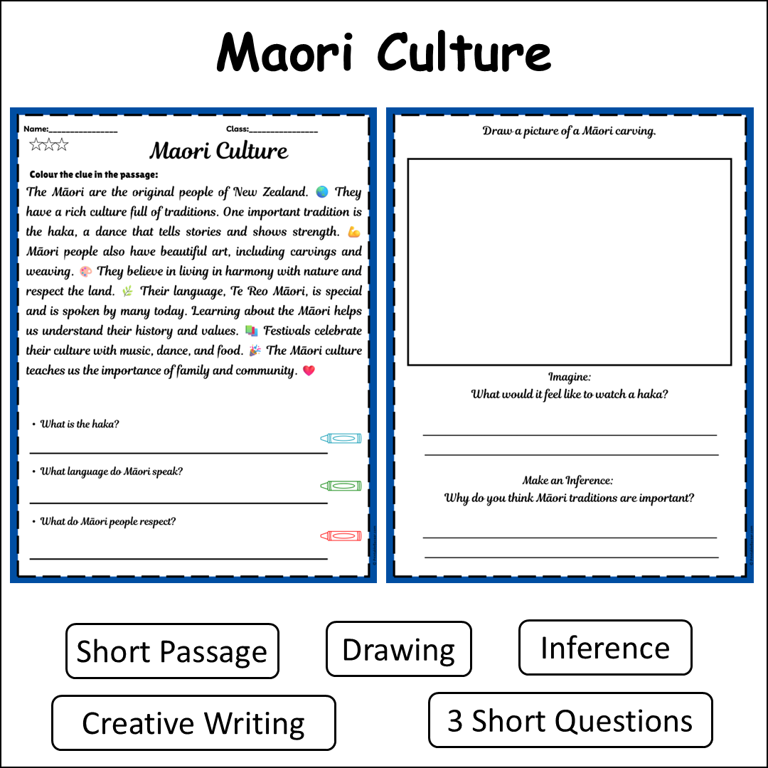 Maori Culture | Short Reading Comprehension Creative Worksheet