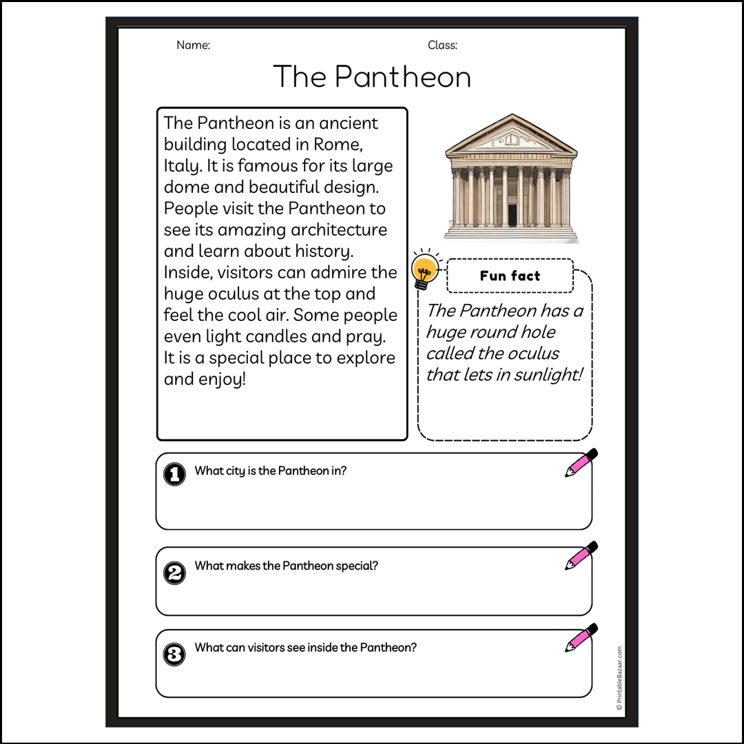 The Pantheon | Reading Passage Comprehension Questions Writing Facts Worksheet
