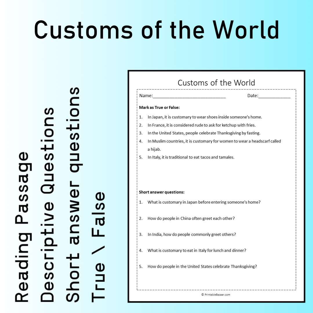 Customs of the World | Reading Comprehension Passage Printable Worksheet