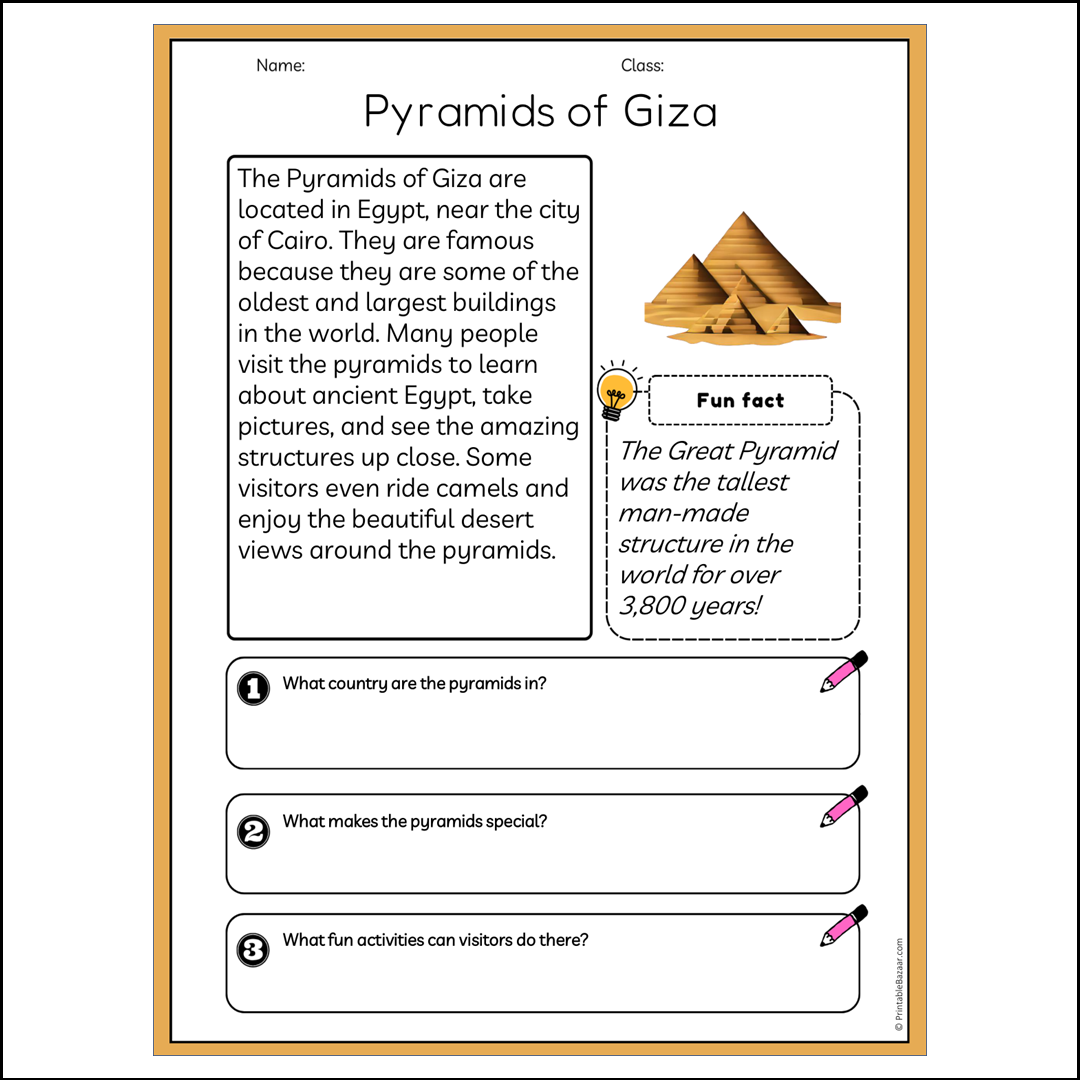 Pyramids of Giza | Reading Passage Comprehension Questions Writing Facts Worksheet