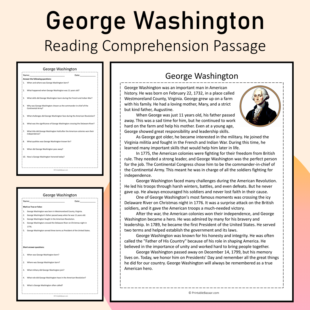 George Washington | Reading Comprehension Passage Printable Activity