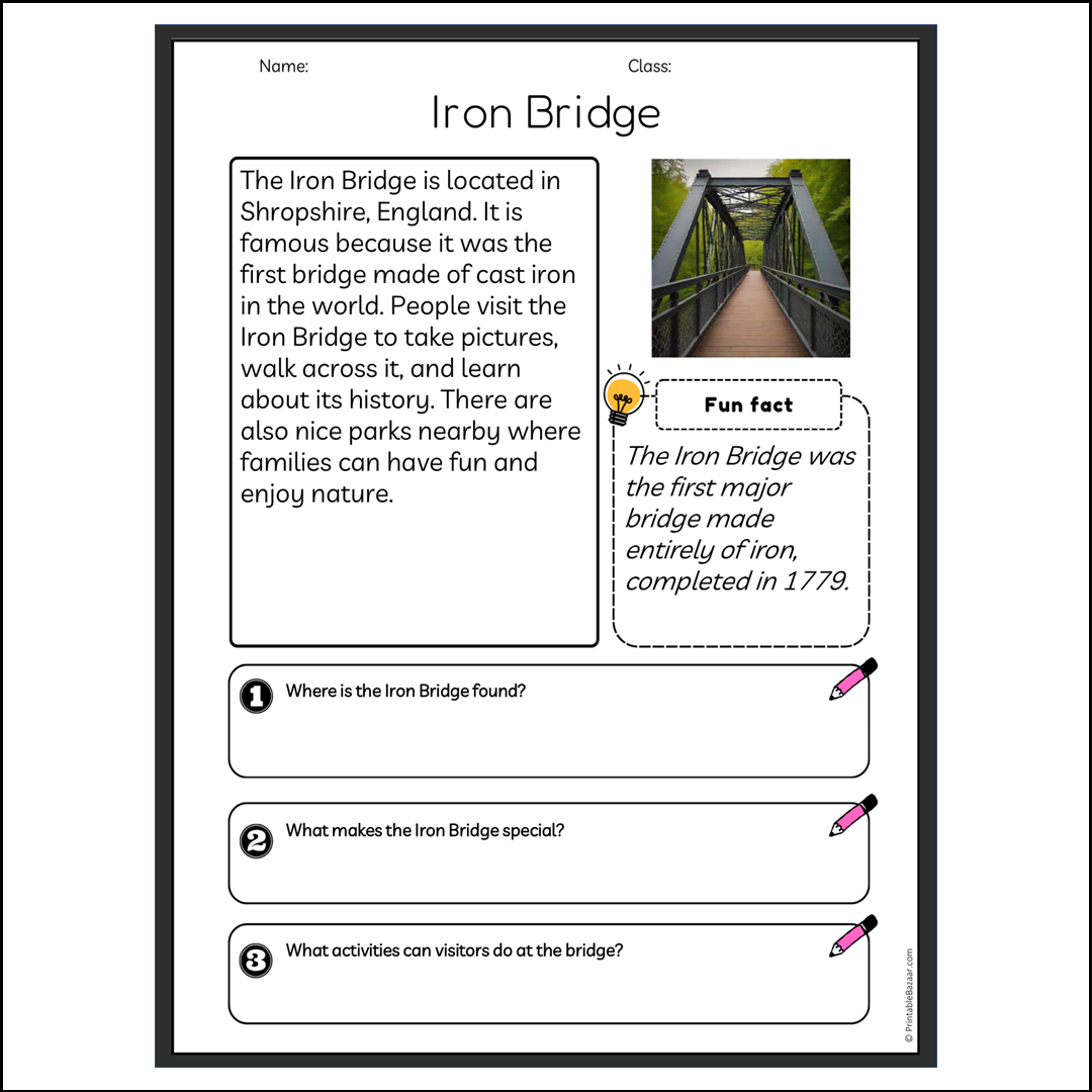 Iron Bridge | Reading Passage Comprehension Questions Writing Facts Worksheet