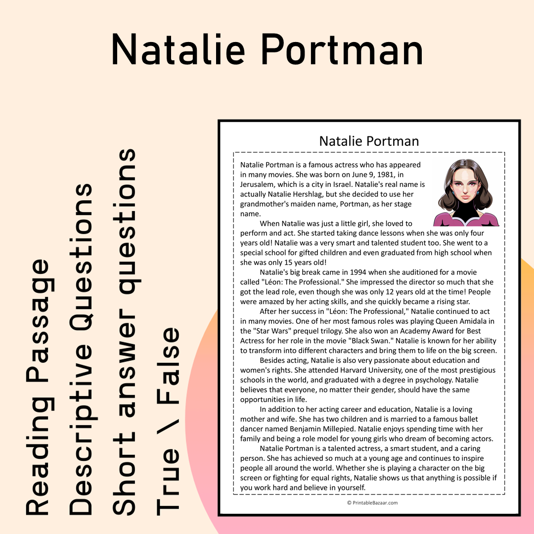 Natalie Portman | Reading Comprehension Passage Printable Activity