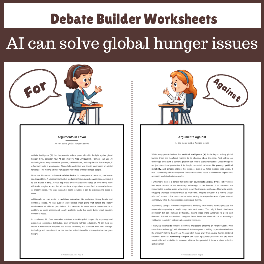 AI can solve global hunger issues | Favour and Against Worksheet Printable Activity