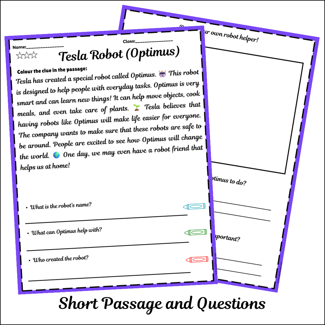 Tesla Robot (Optimus) | Short Reading Comprehension Creative Worksheet