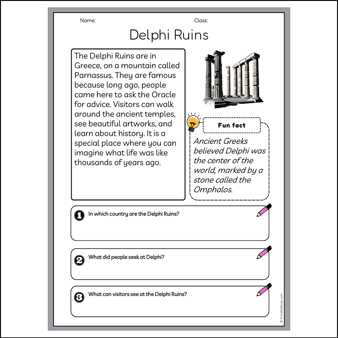 Delphi Ruins | Reading Passage Comprehension Questions Writing Facts Worksheet