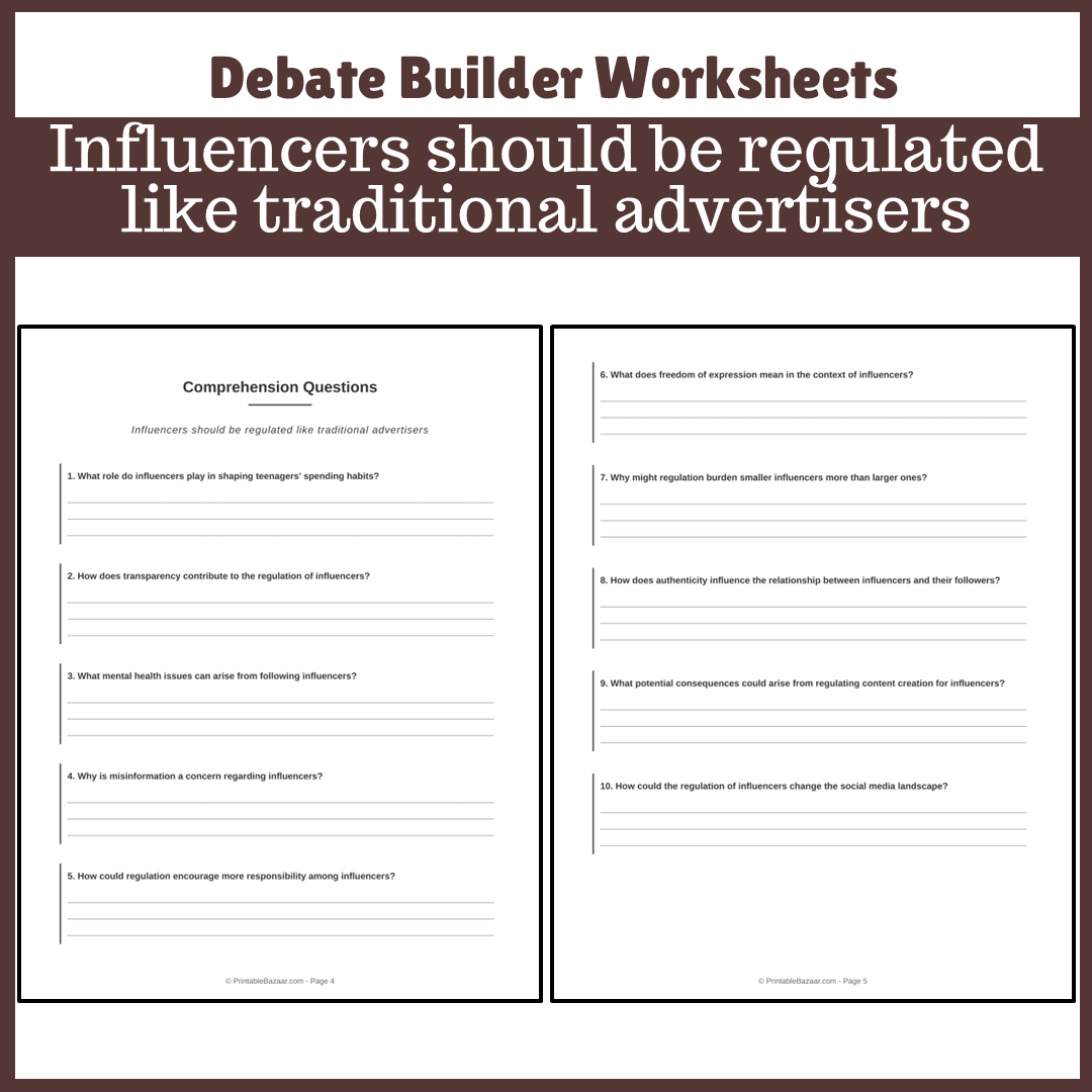 Influencers should be regulated like traditional advertisers | Favour and Against Worksheet Printable Activity