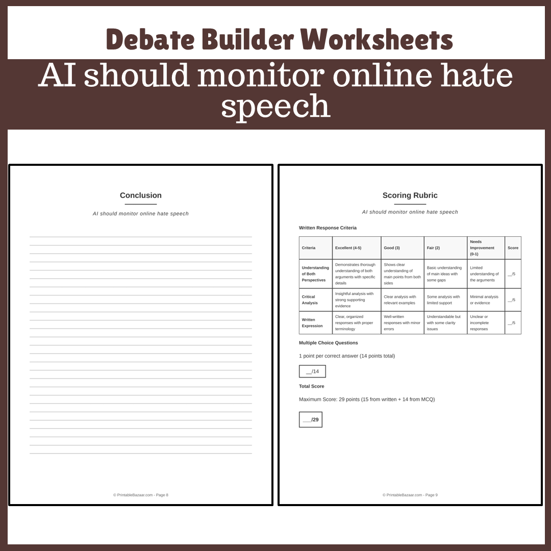 AI should monitor online hate speech | Favour and Against Worksheet Printable Activity