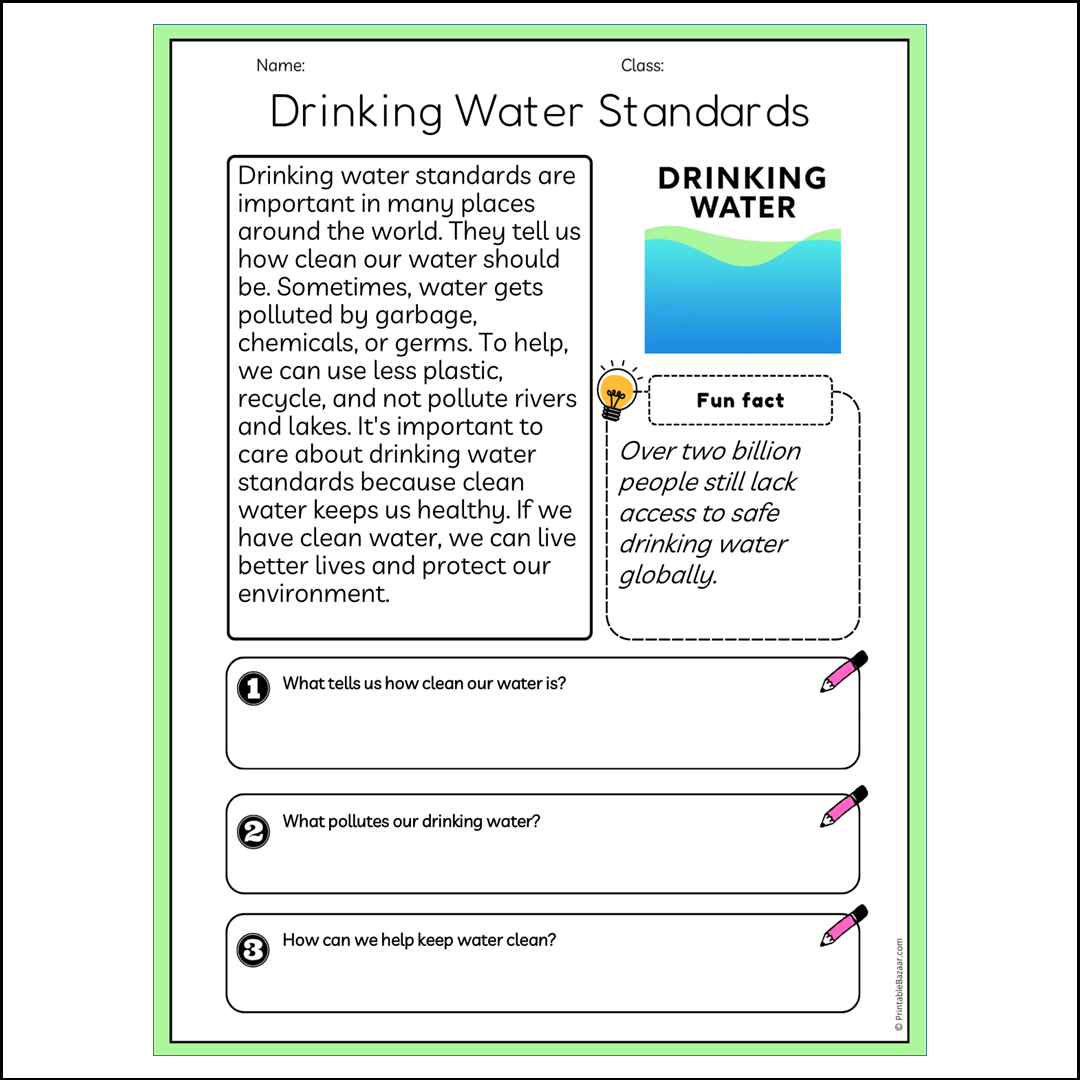 Drinking Water Standards | Reading Passage Comprehension Questions Writing Facts Worksheet