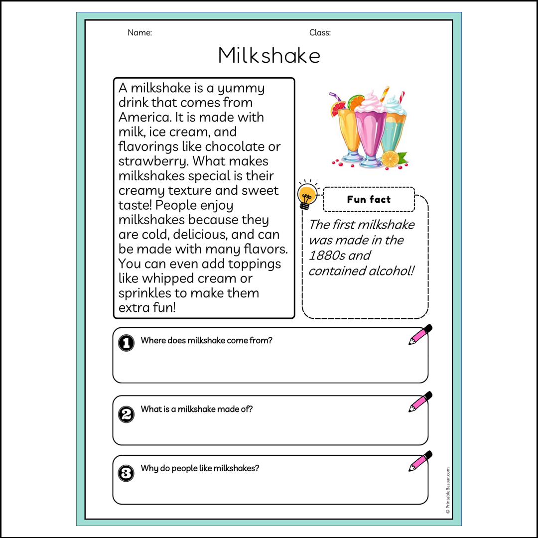 Milkshake | Reading Passage Comprehension Questions Writing Facts Worksheet