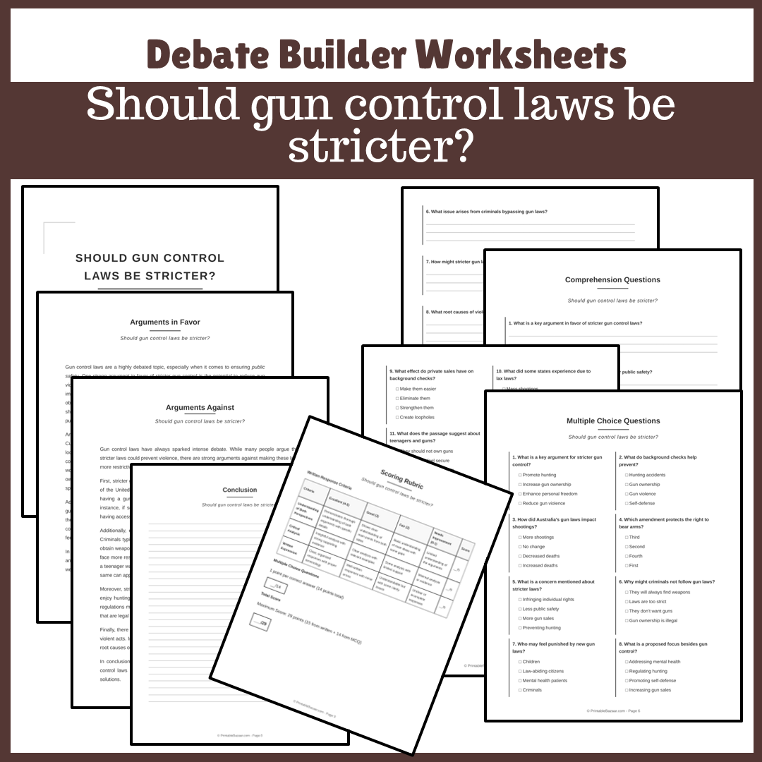 Should gun control laws be stricter? | Favour and Against Worksheet Printable Activity