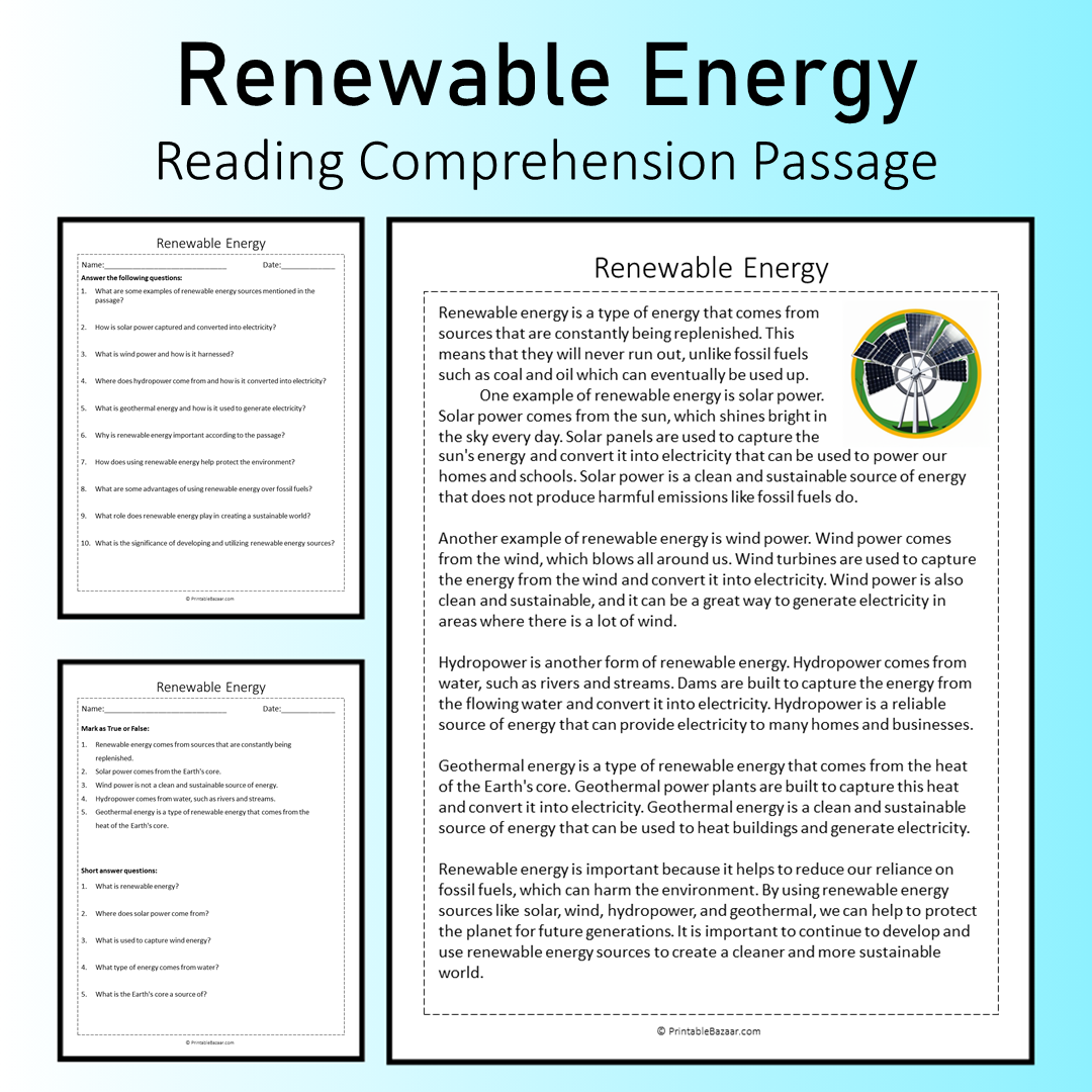 Renewable Energy | Reading Comprehension Passage Printable Worksheet