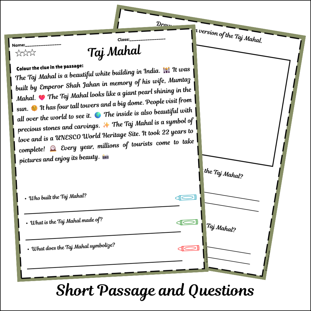 Taj Mahal | Short Reading Comprehension Creative Worksheet