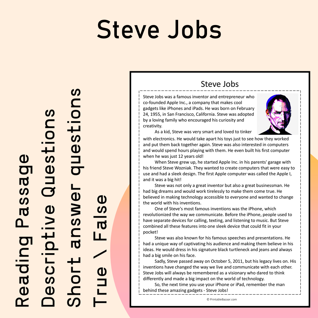 Steve Jobs | Reading Comprehension Passage Printable Activity