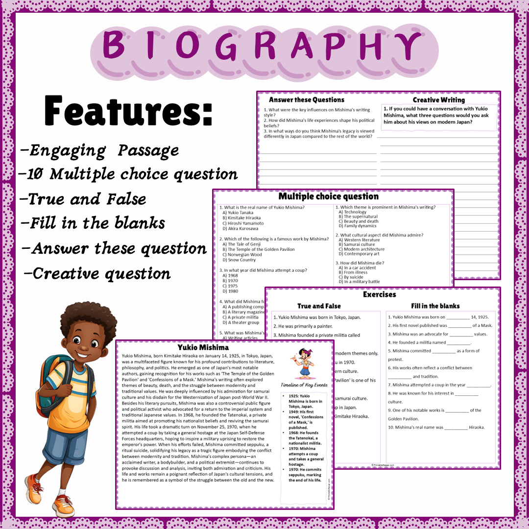 Yukio Mishima | Biography Reading Comprehension and Questions Worksheet