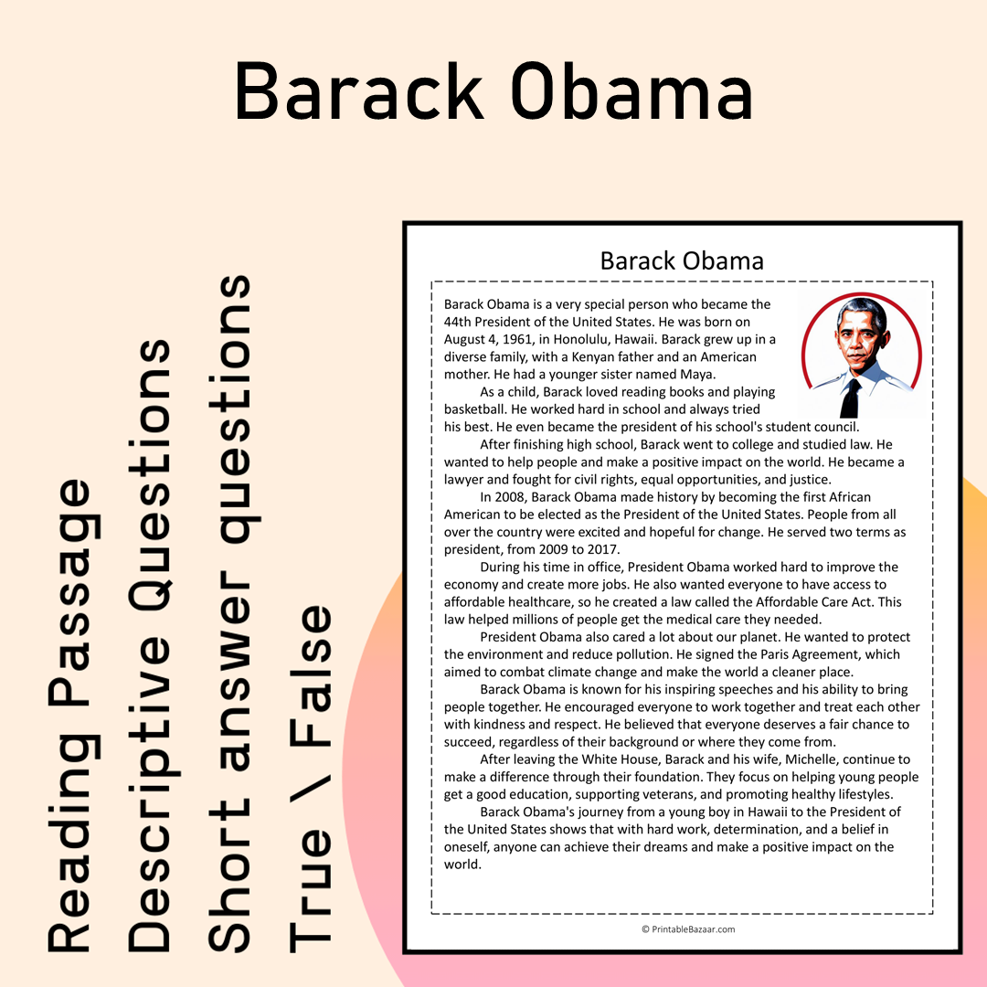 Barack Obama | Reading Comprehension Passage Printable Activity