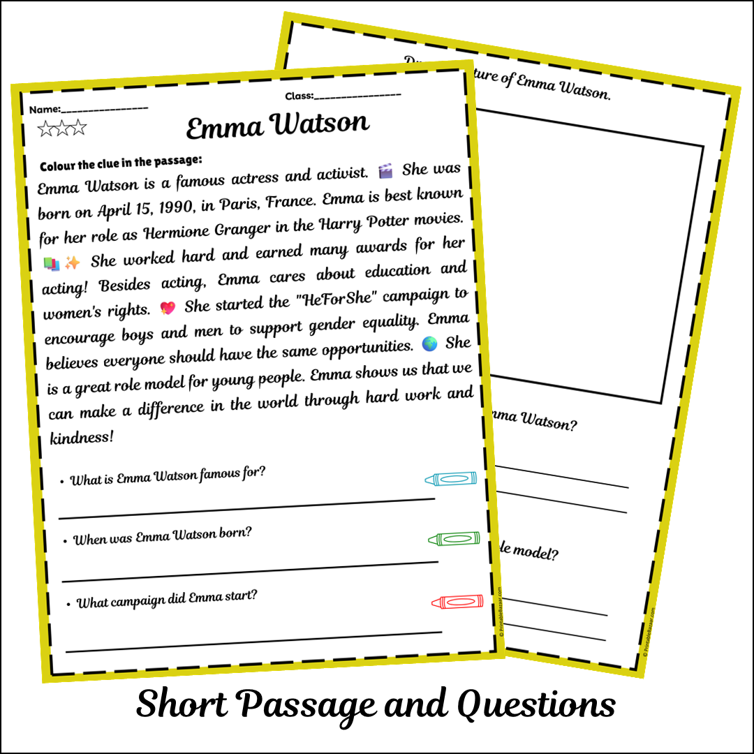 Emma Watson | Short Reading Comprehension Creative Worksheet