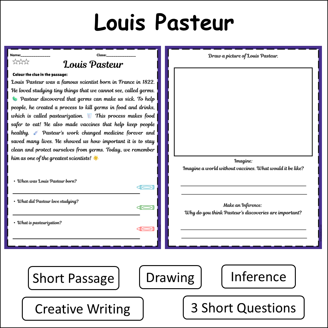 Louis Pasteur | Short Reading Comprehension Creative Worksheet