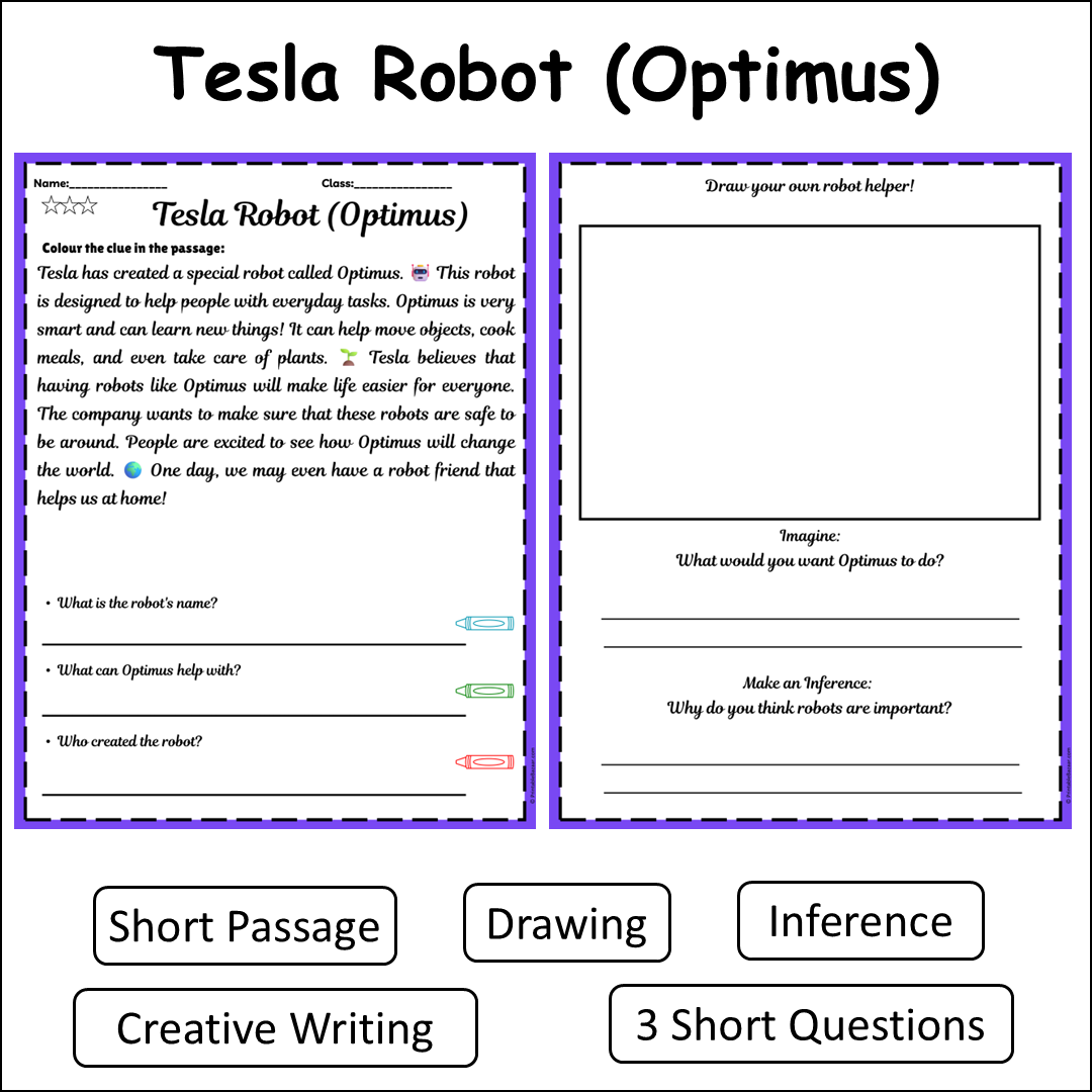 Tesla Robot (Optimus) | Short Reading Comprehension Creative Worksheet