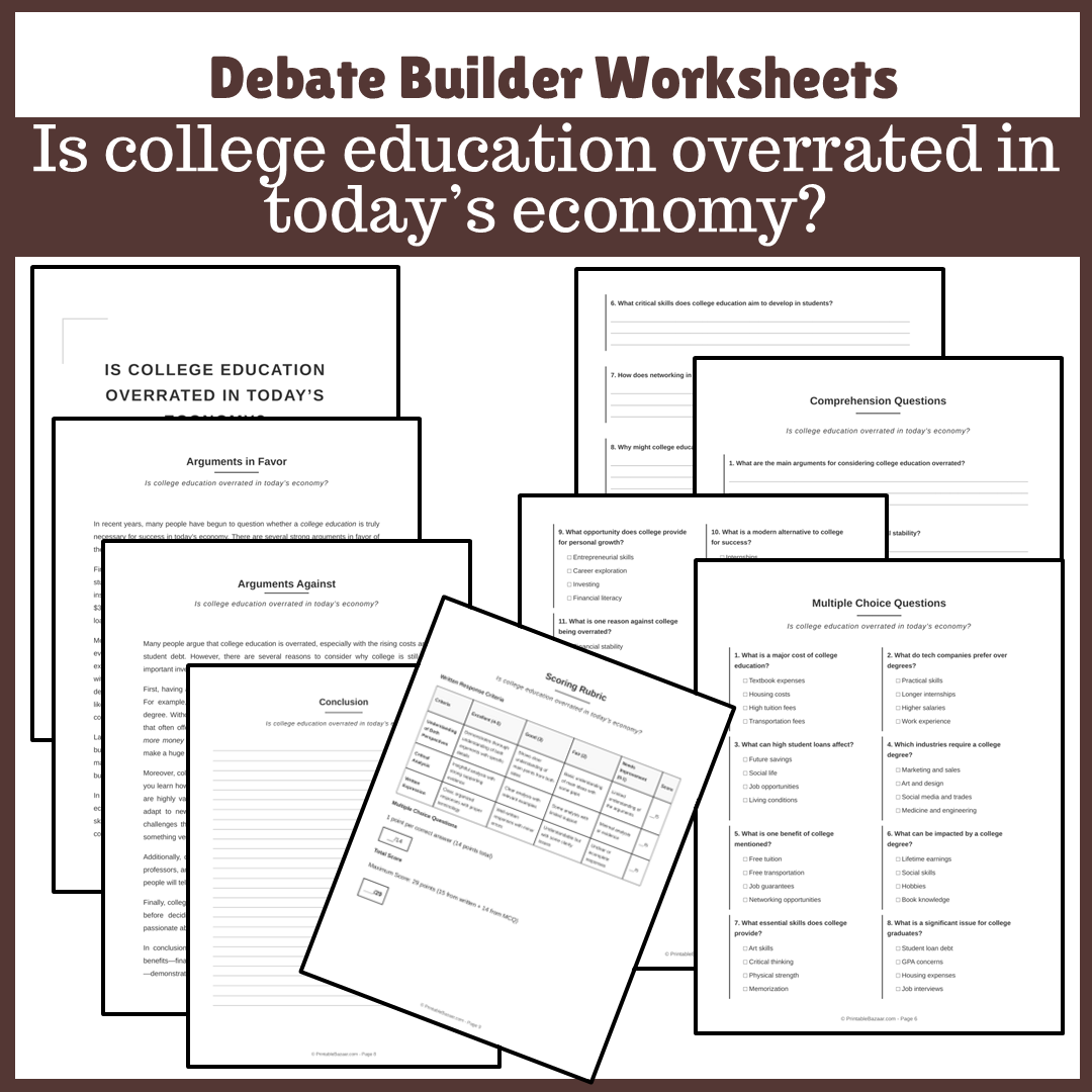 Is college education overrated in today’s economy? | Favour and Against Worksheet Printable Activity