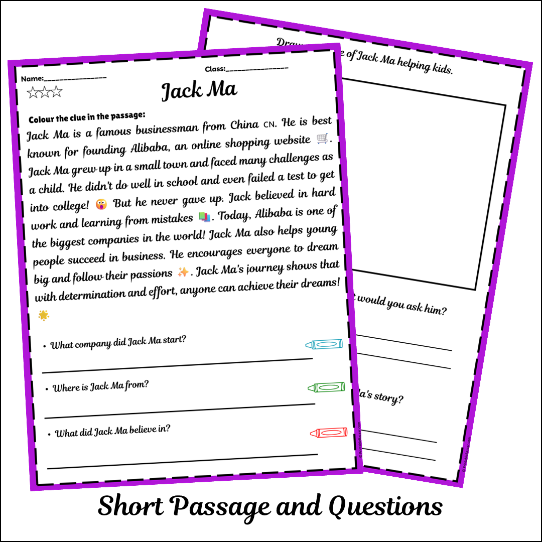 Jack Ma | Short Reading Comprehension Creative Worksheet