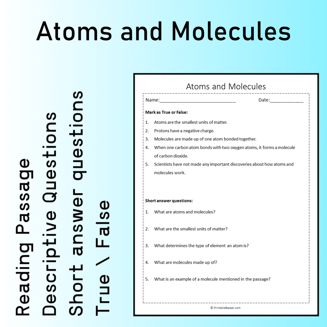 Atoms and Molecules | Reading Comprehension Passage Printable Worksheet