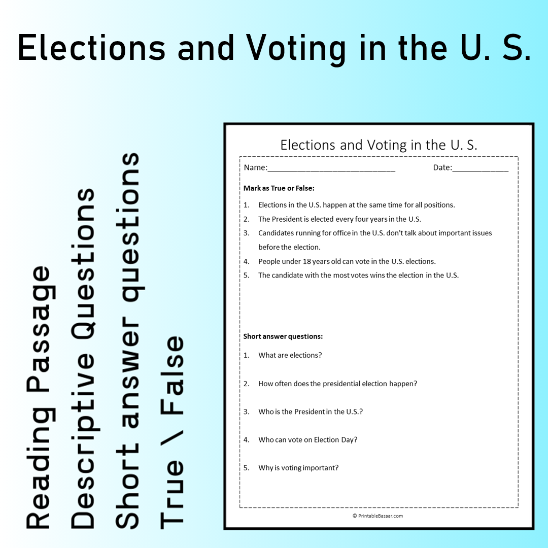 Elections and Voting in the U. S. | Reading Comprehension Passage Printable Worksheet