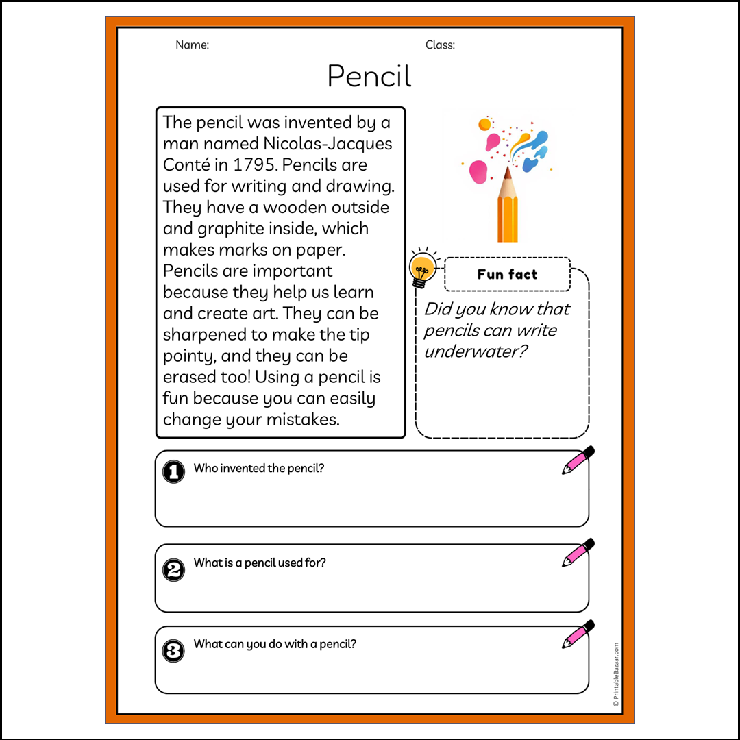 Pencil | Reading Passage Comprehension Questions Writing Facts Worksheet