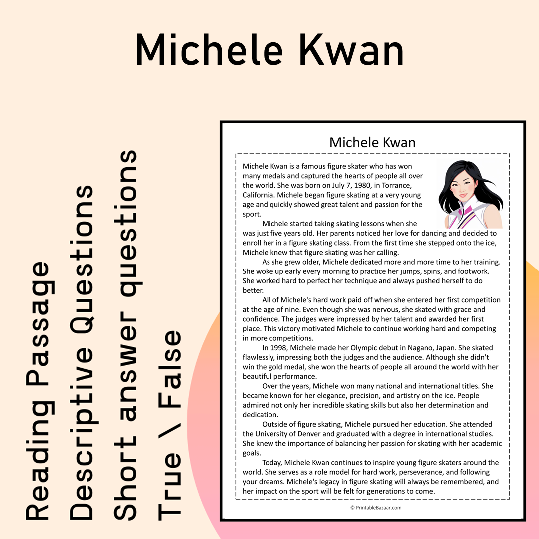 Michele Kwan | Reading Comprehension Passage Printable Activity