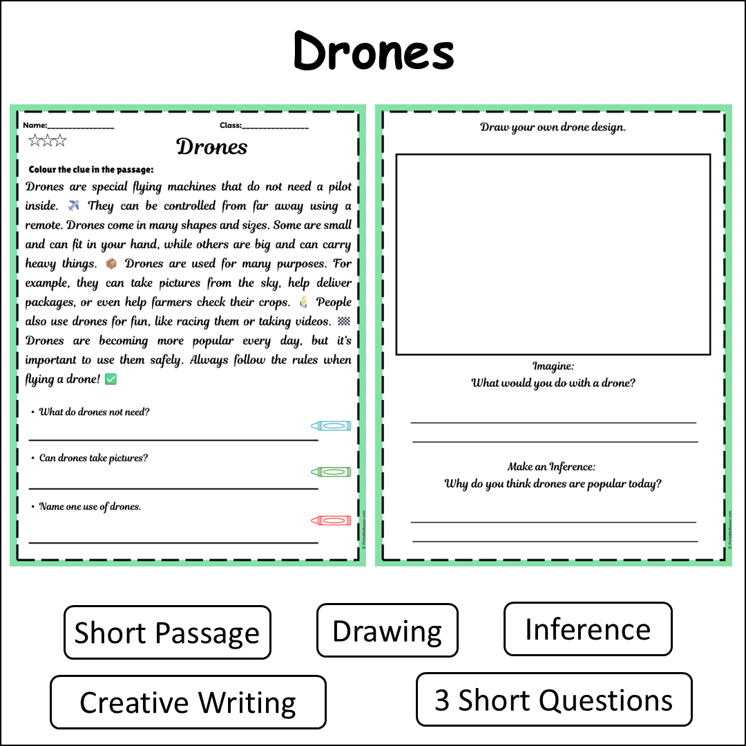 Drones | Short Reading Comprehension Creative Worksheet