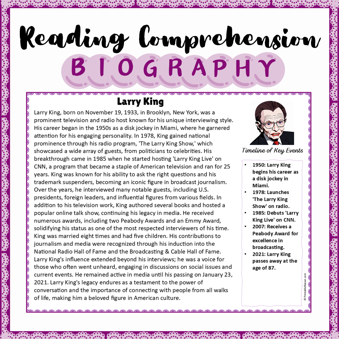 Larry King | Biography Reading Comprehension and Questions Worksheet