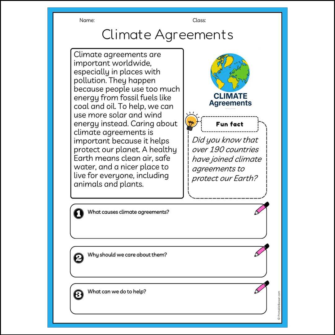 Climate Agreements | Reading Passage Comprehension Questions Writing Facts Worksheet