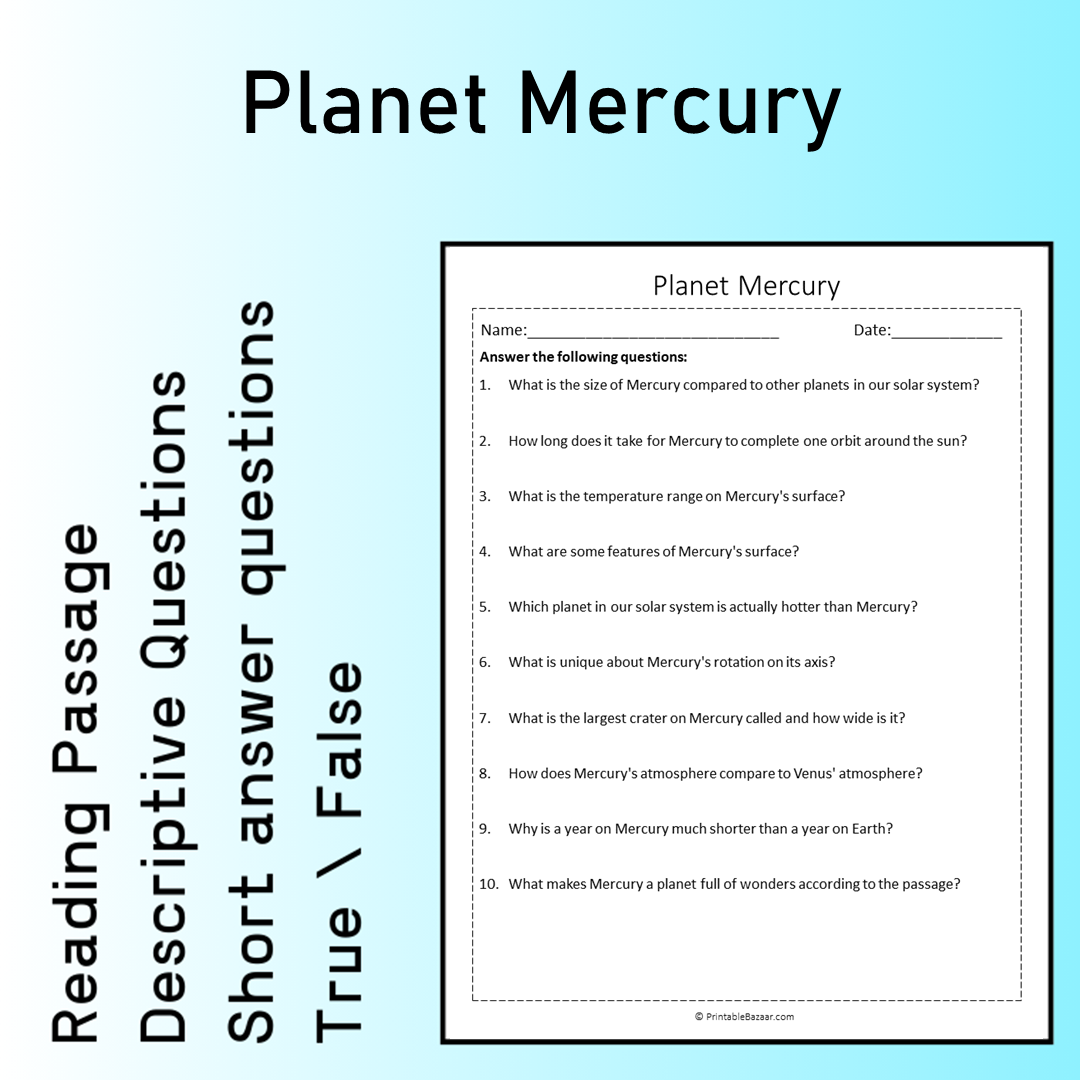 Planet Mercury | Reading Comprehension Passage Printable Worksheet