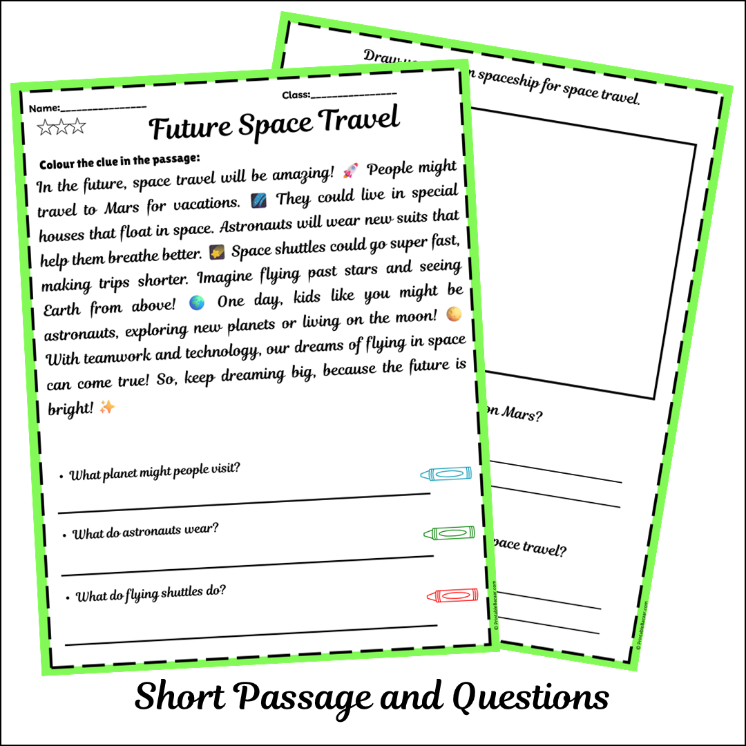 Future Space Travel | Short Reading Comprehension Creative Worksheet