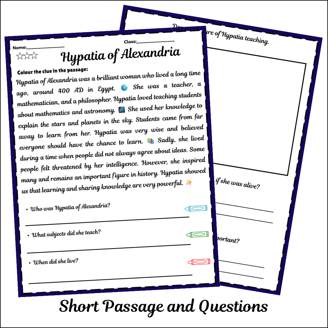 Hypatia of Alexandria | Short Reading Comprehension Creative Worksheet