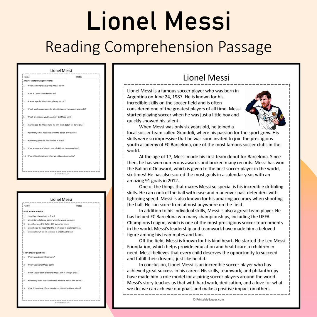 Lionel Messi | Reading Comprehension Passage Printable Activity