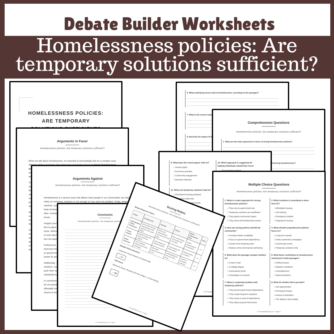 Homelessness policies: Are temporary solutions sufficient? | Favour and Against Worksheet Printable Activity