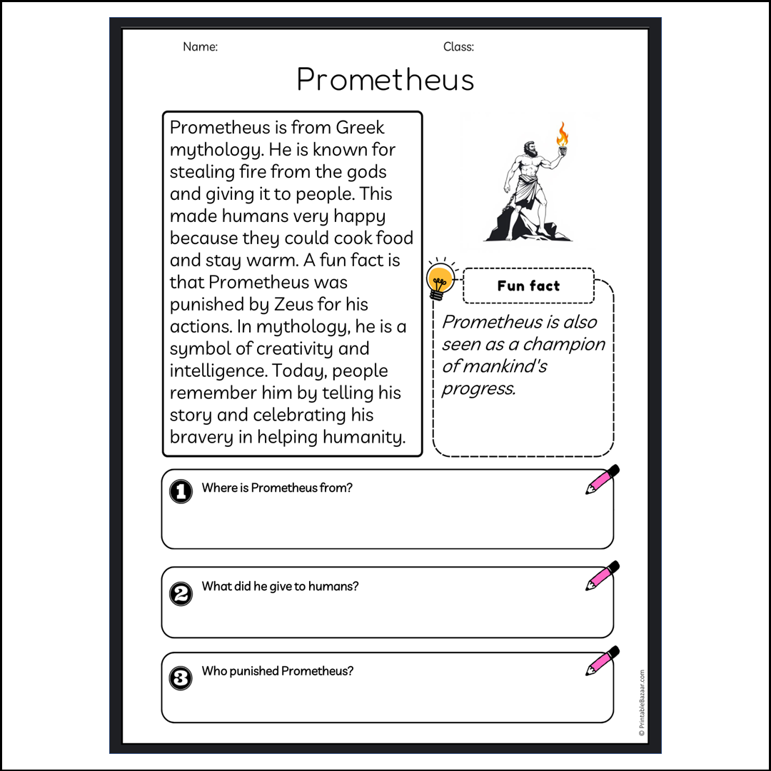 Prometheus | Reading Passage Comprehension Questions Writing Facts Worksheet