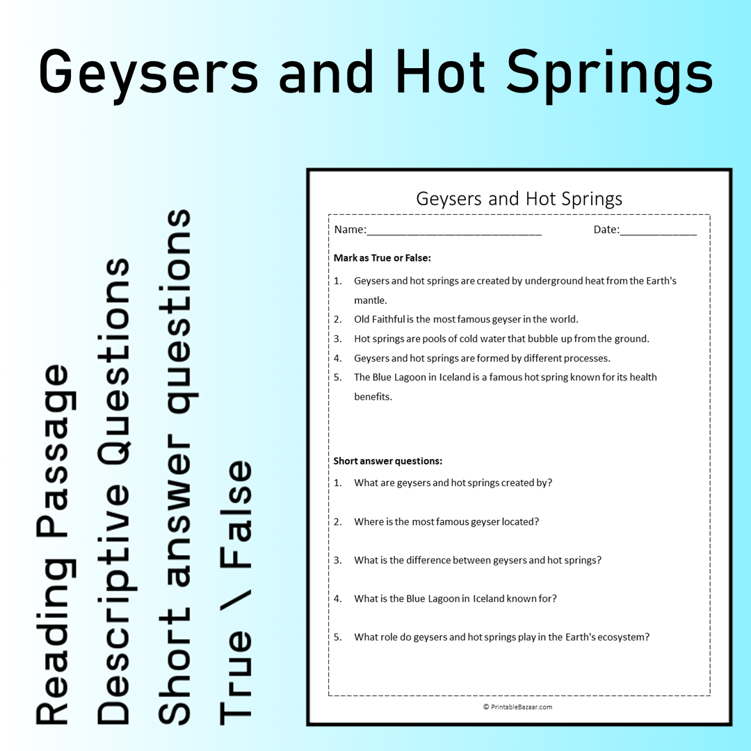 Geysers and Hot Springs | Reading Comprehension Passage Printable Worksheet