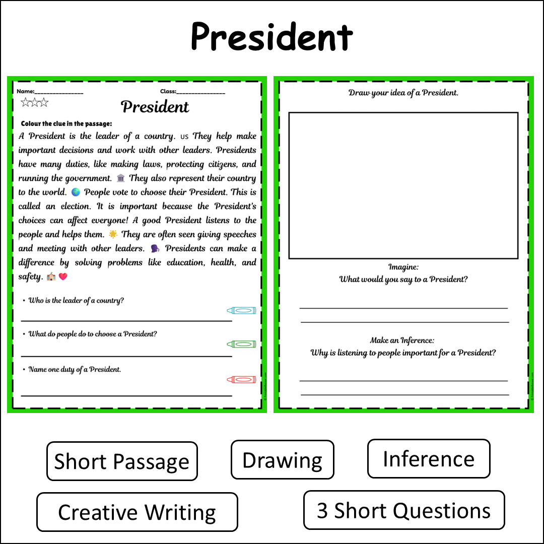 President | Short Reading Comprehension Creative Worksheet