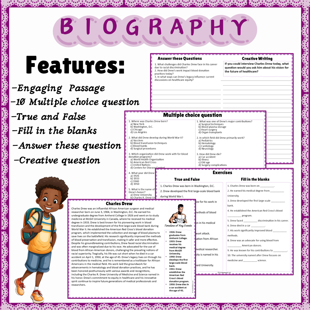 Charles Drew | Biography Reading Comprehension and Questions Worksheet
