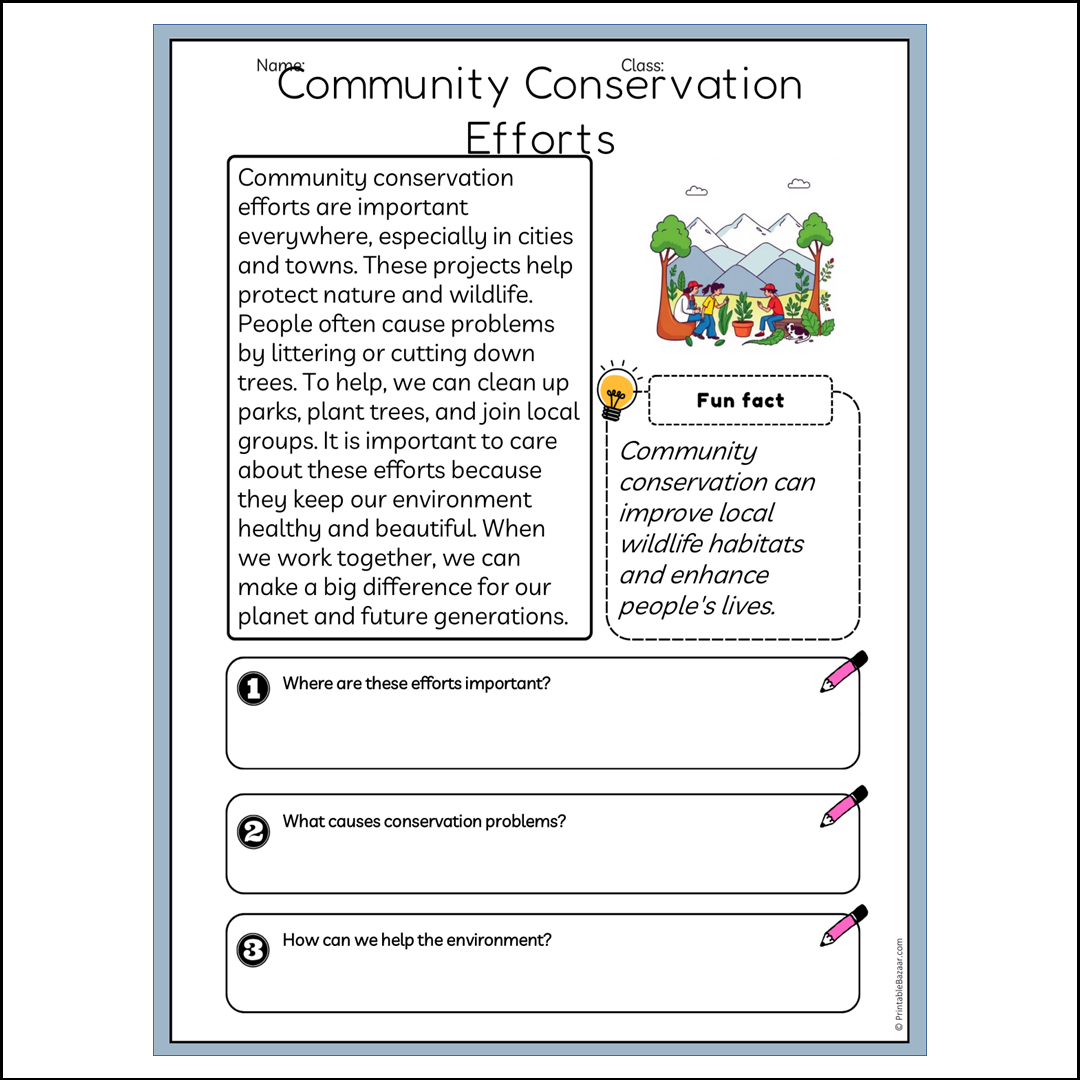 Community Conservation Efforts | Reading Passage Comprehension Questions Writing Facts Worksheet