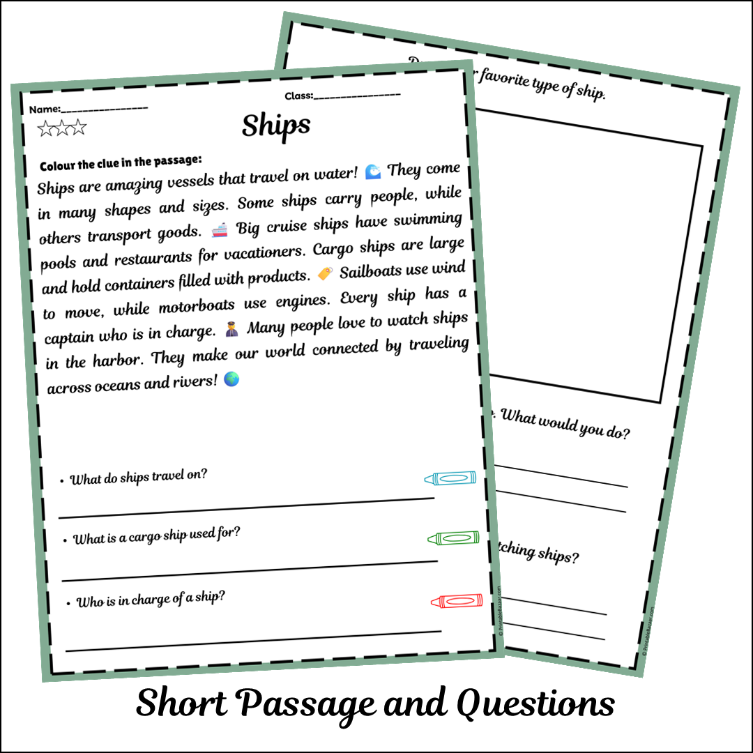 Ships | Short Reading Comprehension Creative Worksheet