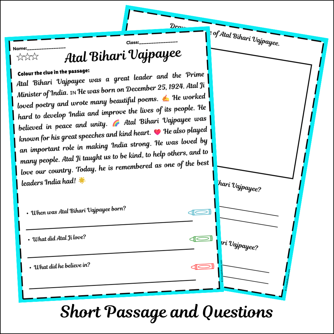 Atal Bihari Vajpayee | Short Reading Comprehension Creative Worksheet