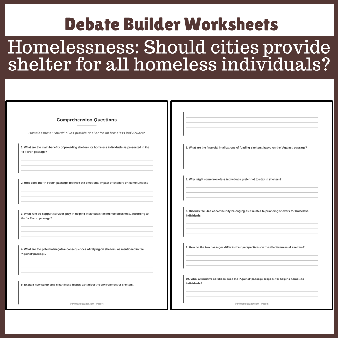 Homelessness: Should cities provide shelter for all homeless individuals? | Favour and Against Worksheet Printable Activity