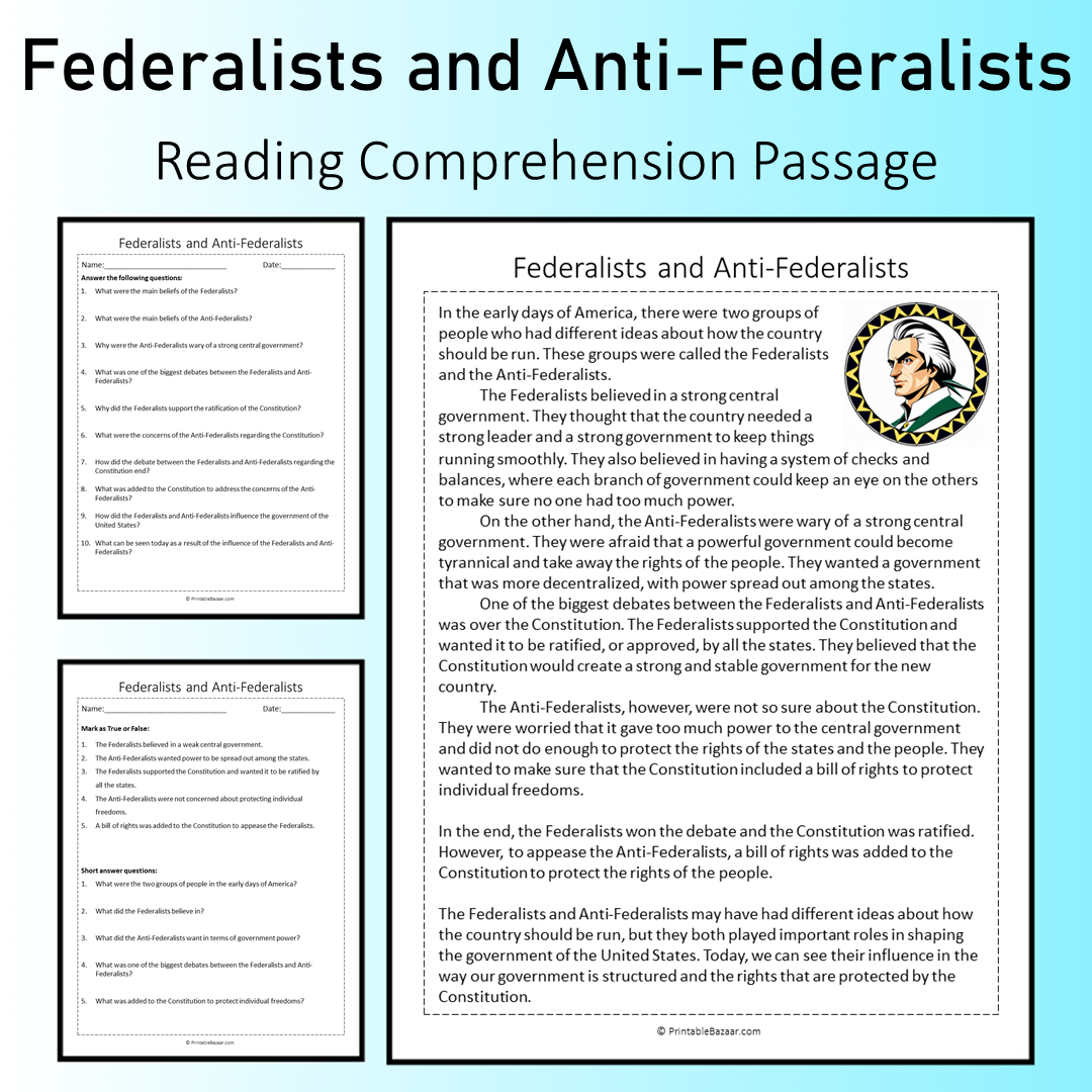 Federalists and Anti-Federalists | Reading Comprehension Passage Printable Worksheet