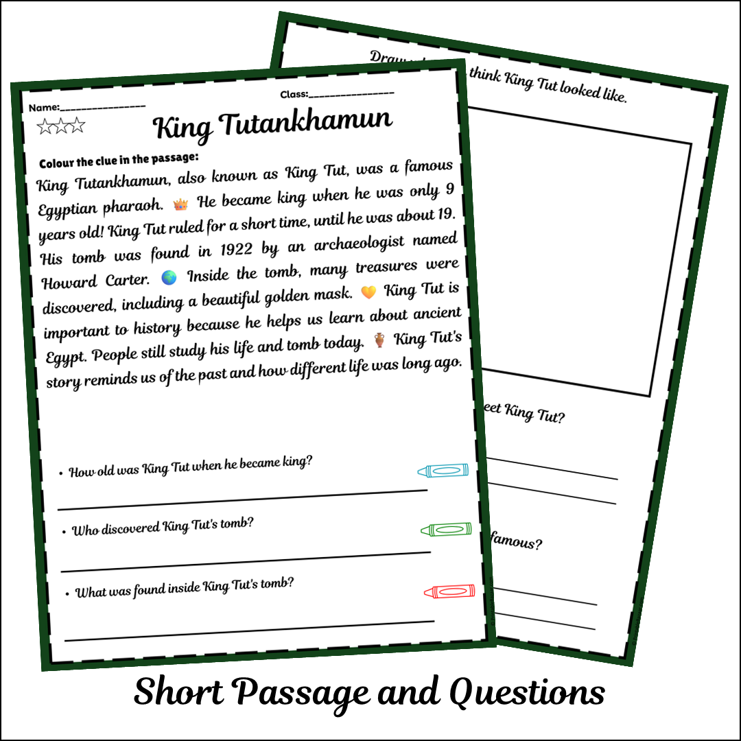 King Tutankhamun | Short Reading Comprehension Creative Worksheet