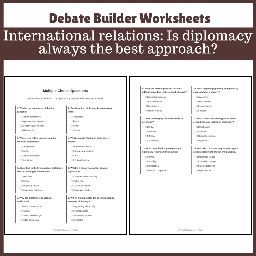 International relations: Is diplomacy always the best approach? | Favour and Against Worksheet Printable Activity