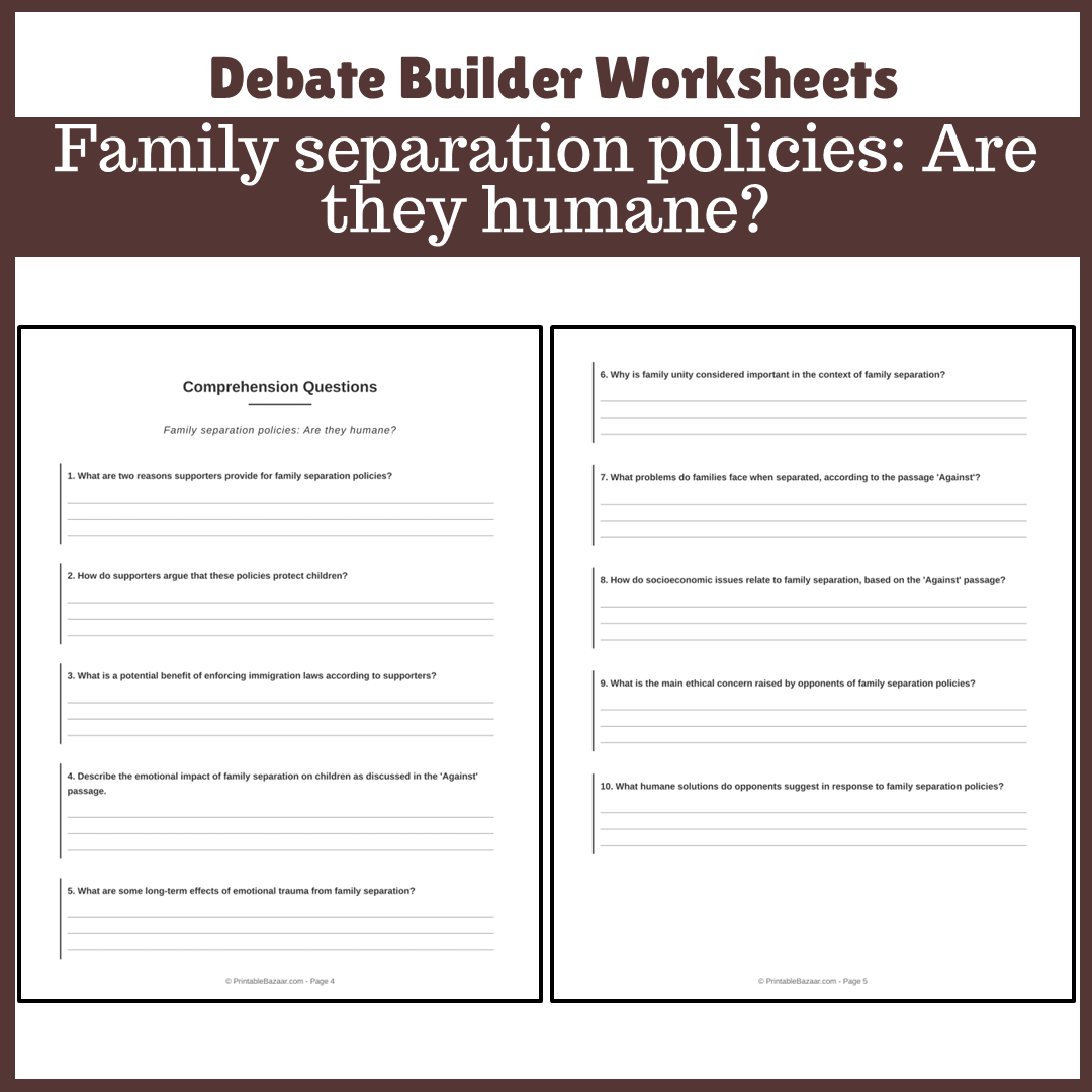 Family separation policies: Are they humane? | Favour and Against Worksheet Printable Activity